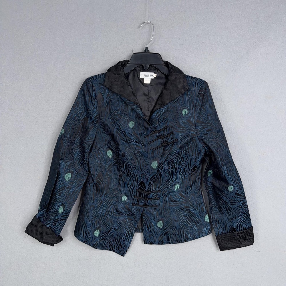 Dragon Silk Jacket Womens Large Blue Peacock Embroidered Silk Toggle Blazer Asia